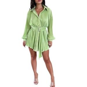 Thats So Fetch Lime Green Plisse Belted Mini Shirt Dress Size 4